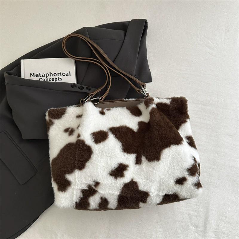 Yogodlns Large Capacity Shopper Bags For Women Winter Travel Tote Bag Cow Printing Plush Shoulder Bag Ladies Designer Handbag