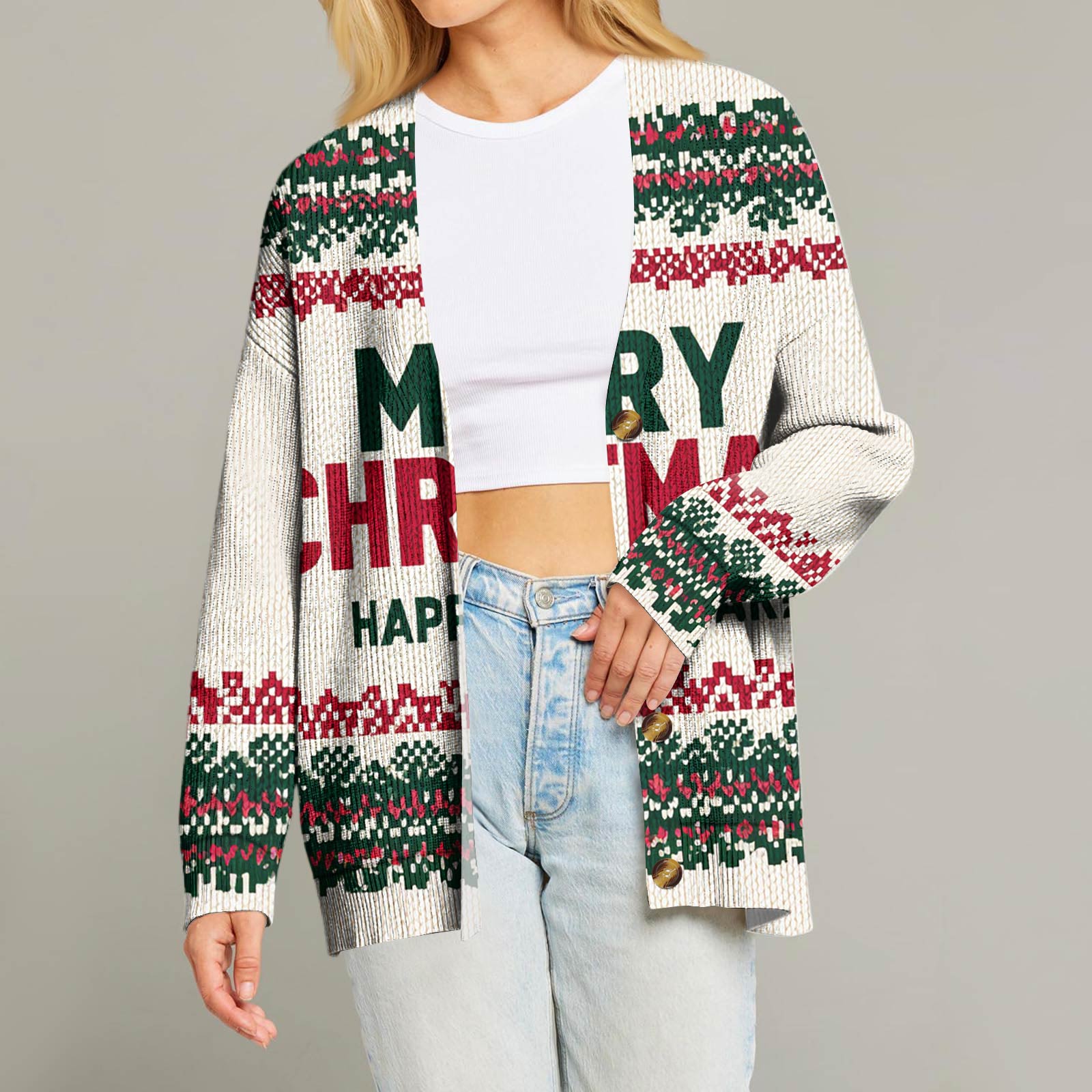 

Женский модный кардиган с длинным рукавом, V-образным вырезом, на пуговицах, свободного кроя, с рождественским принтом L