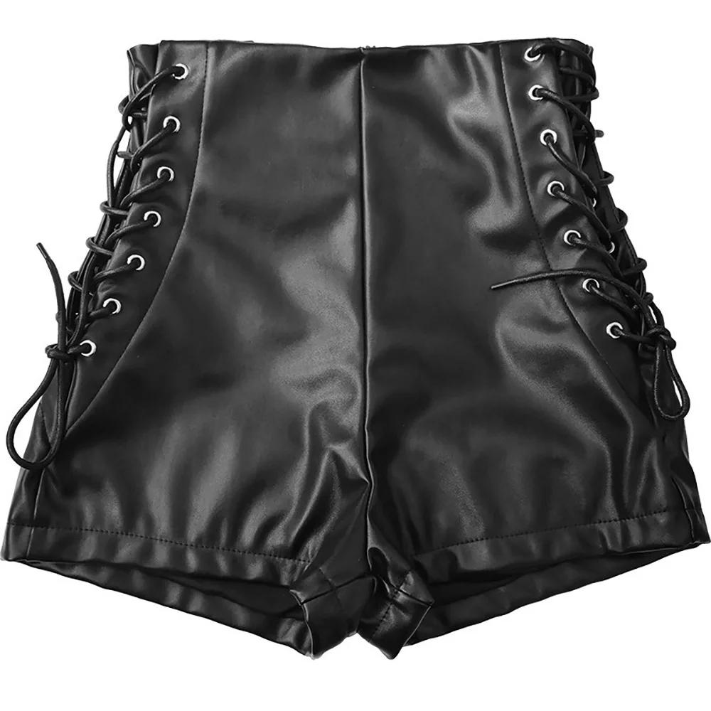Sexy Black PU Fashion Casual Summer Shorts Women Faux Leather Lace Up Goth Club High Waist Shorts Y2K Slim Short Pants