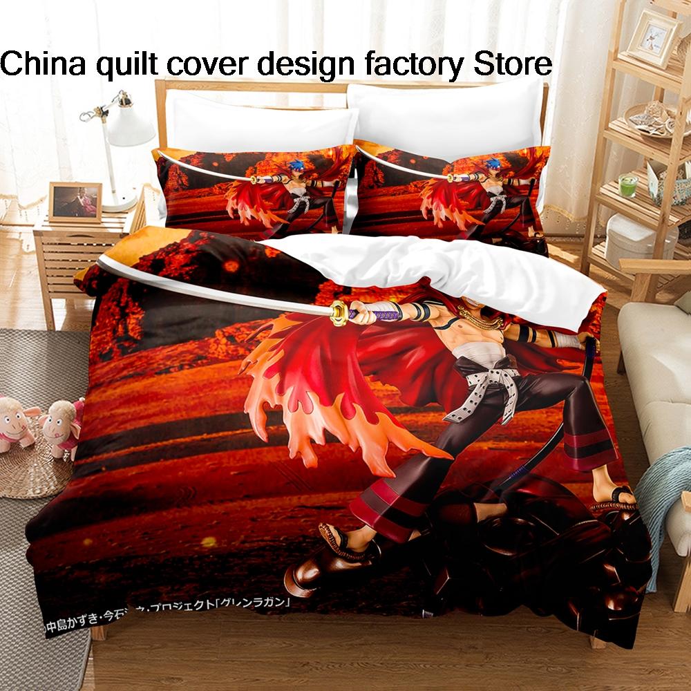 Bed linen 3Pcs Gurren Lagann Anime Bedding Set 3D Print Kamina Mecha Duvet Cover Pillowcases for Teens Fans Room Decor Gift