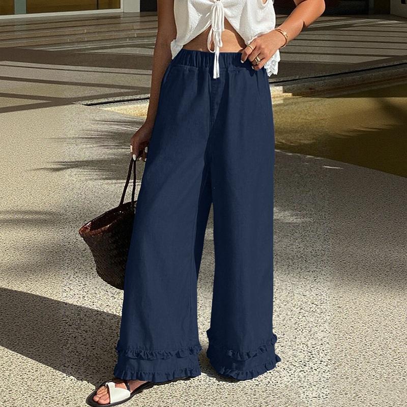 VONDA Women Casual Elastic Waist Casual Nonelastic Wide Leg Pants Ruffled Hem Trousers
