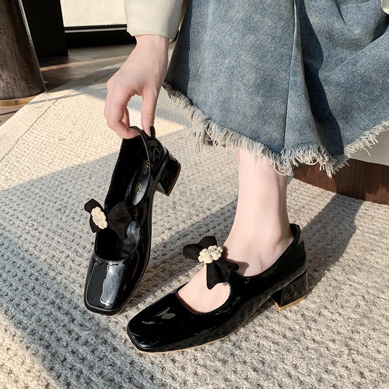 2025 Squared Heel Women High Heels Single Shoes Glitter Genuine  Top Quality Fashion Round Toe All Match Cute Beautiful Pumps