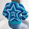 Women Y2K Autumn Winter Contrast Star Long Sleeve Pullover Sweater O Neck Knitted Tops