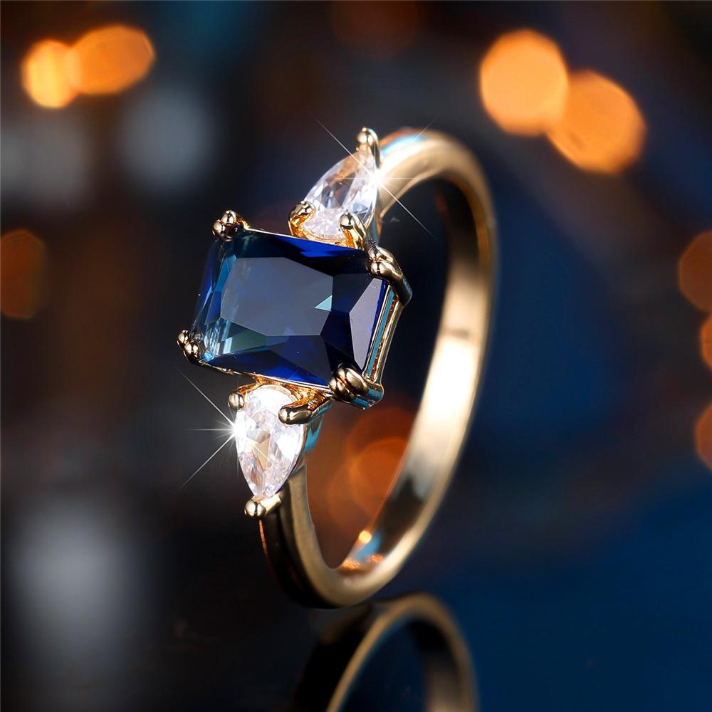 Trendy Blue Zircon Crystal Squarel Stone Vintage Gold Color Wedding Bands Engagement Rings For Wome Jewelry