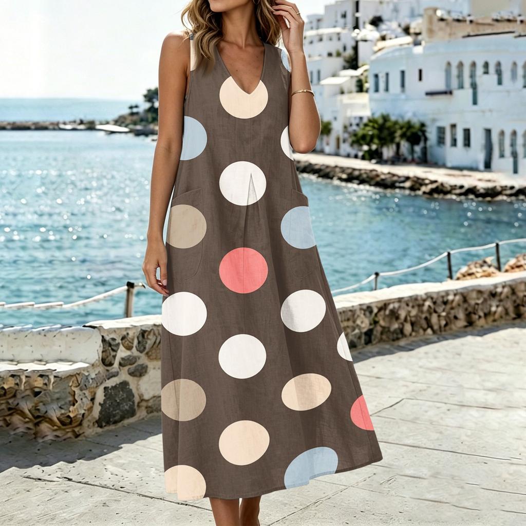 Sleeveless V Neck Pocket Split Hem Dress Women Casual Loose Fit Midi Dress with Polka Dot Print Linen Blend Fabric