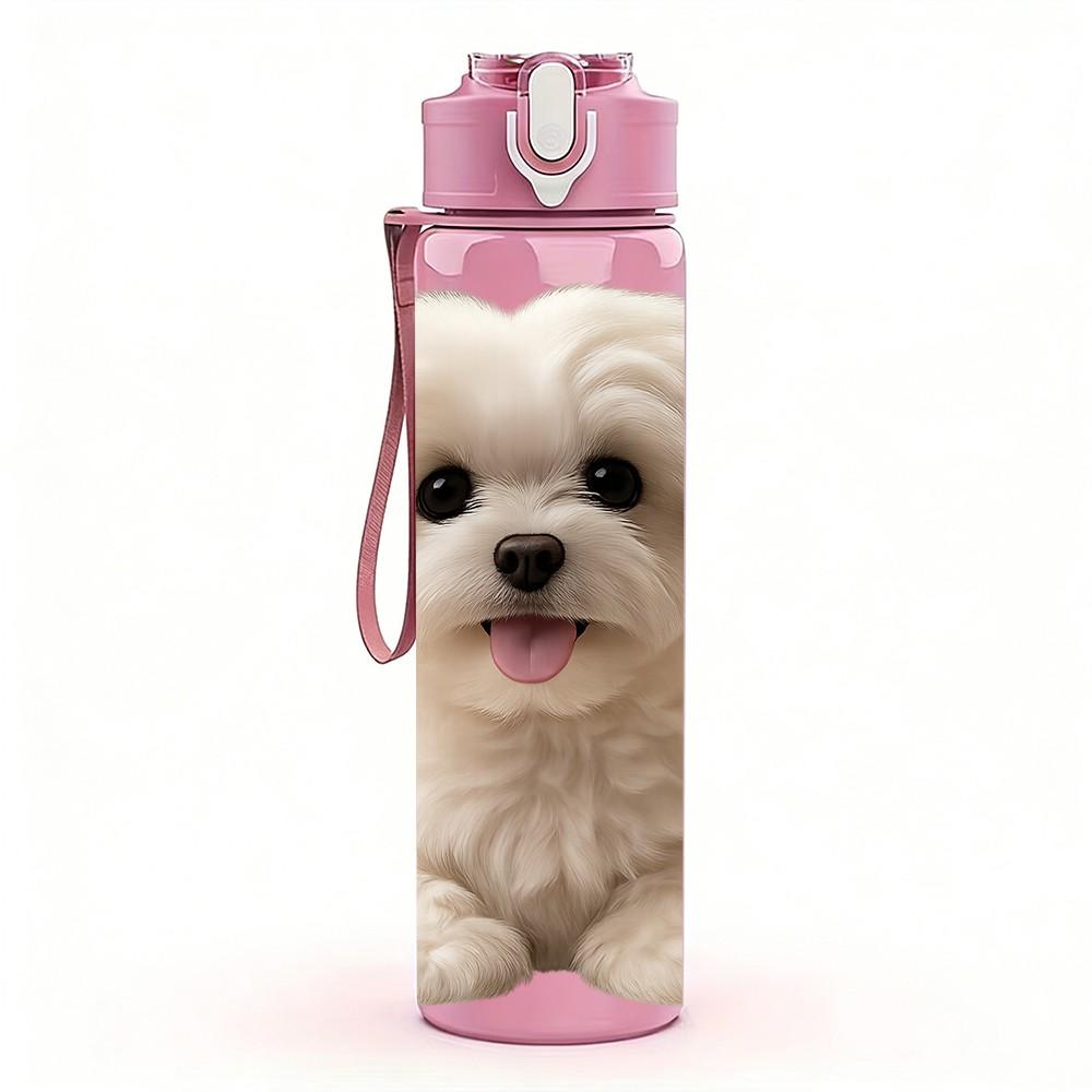 1PC White Fluffy Bichon Puppy 750ml Color Plastic Sports Water Bottle Leakproof Flip Straw Lid Suitable for Sports Office Home Use