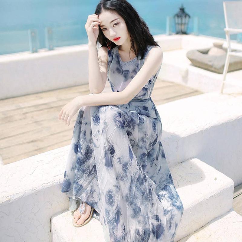 Women Summer Sleeveless Dress Bohemian Long Beach Dress for Seaside Holiday