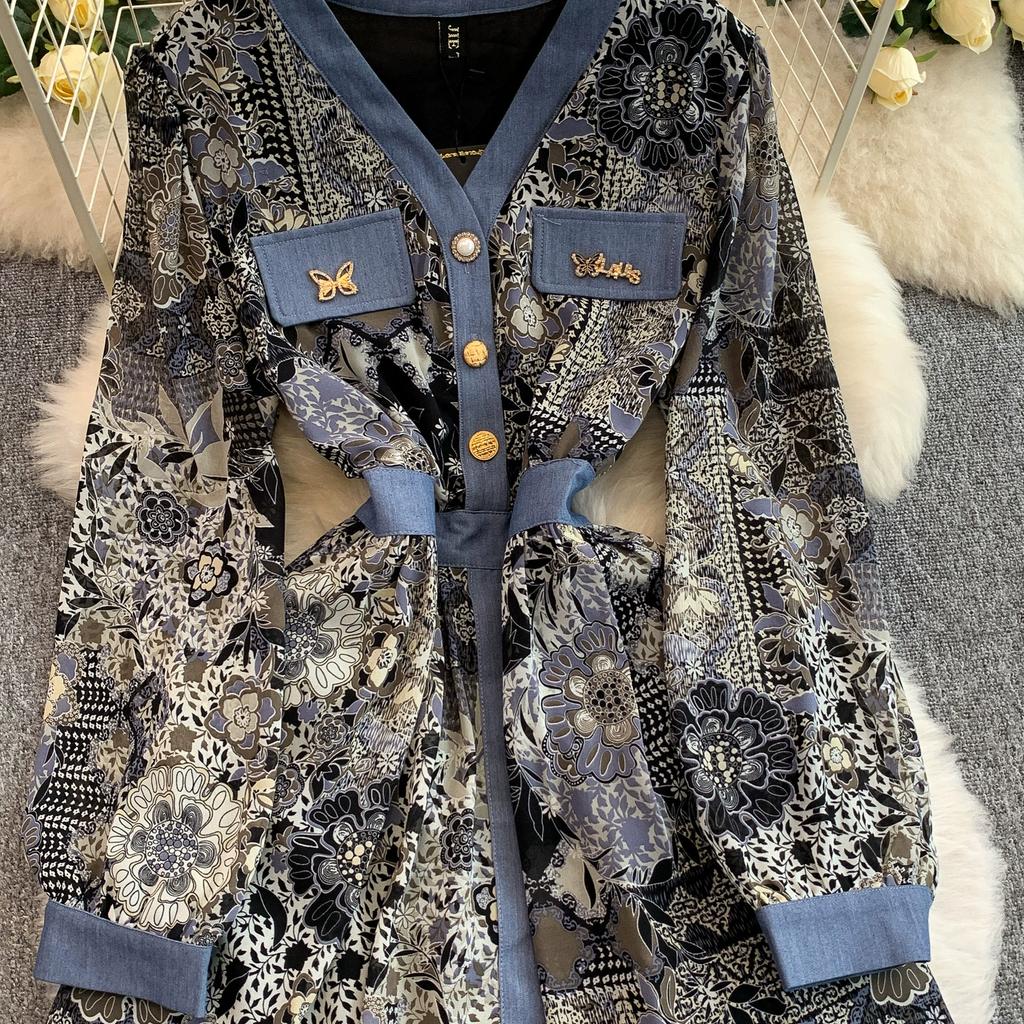 Spring Autumn Women Vintage Print V-neck Denim Patchwork Long Midi Casual Dresses