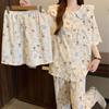 Cartoon Wind Doll Collar Lace Sweet Cloud Cotton Pajamas Women'S Summer Short-Sleeved Three-Piece Set
