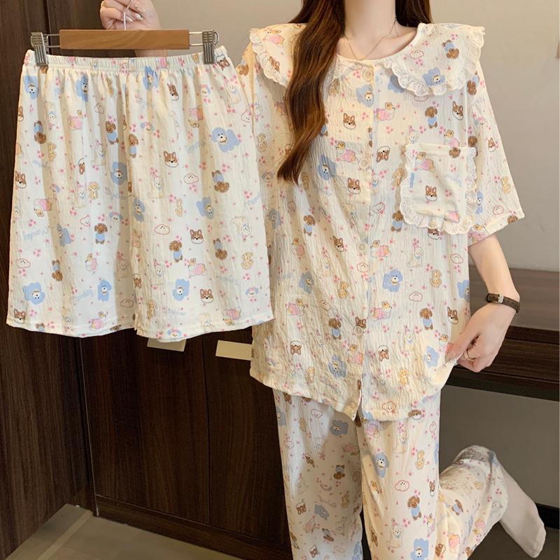 Cartoon Wind Doll Collar Lace Sweet Cloud Cotton Pajamas Women'S Summer Short-Sleeved Three-Piece Set