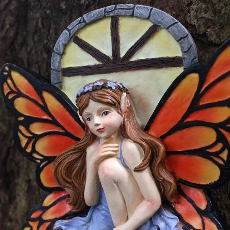 Outside the Window, the Fairy Statue Shines In the Darkness. Wall Art Sculpture, Outdoor Tree Face, Courtyard Decoration (red)