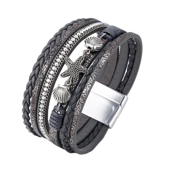 Damen geflochtenes Armband mehrlagig böhmisch Kunstlederseil Seestern Muschel Dekor Sicheres Verschluss Armband Handgelenk Accessoire