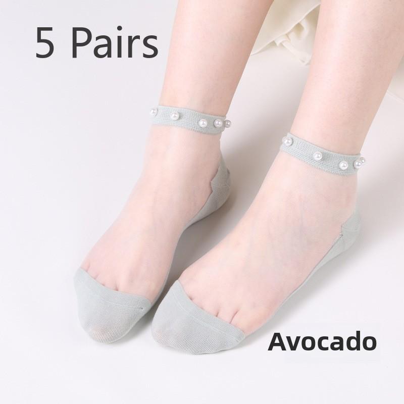 5 Pairs Pearl Socks Women's Socks Light Lace Summer Thin Mesh Transparent Glass Silk Crystal Socks