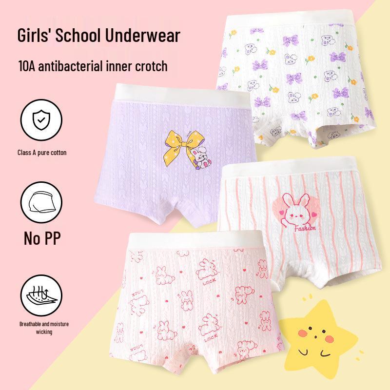 Girls' Pure Cotton Boxer Shorts - Children's Underwear, Flat-Leg Pants for Middle and Big Girls
