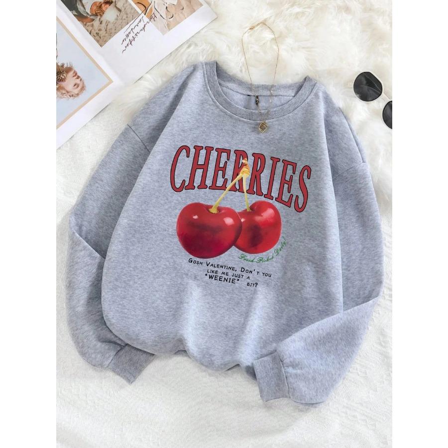 Fashion Womens Sweatshirt Fresh Red Cherries Printing Pullover Crewneck Fleece Soft Breathable Hoodie Autumn Female Streetwear