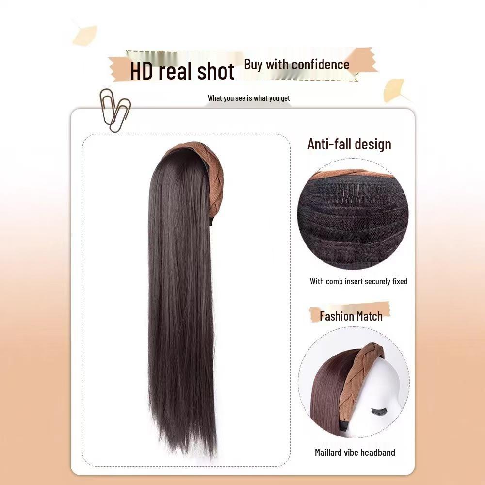 Women's Black Long Straight Headband Wig with Natural Volume, Korean Style.