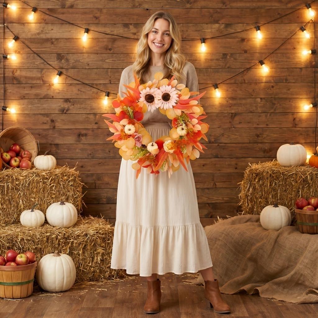 Autumn Harvest Wreath with White Pumpkins Sunflowers Maple Leaves Fall Door Decoration for Thanksgiving Seasonal Home Decor Indoor Outdoor Use