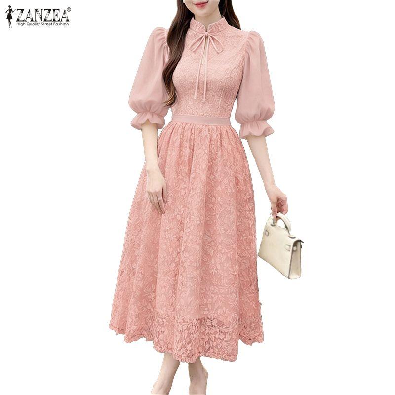 ZANZEA Damen Lässiges Stehkragen 3/4 Ärmel Lockeres Patchwork Spitzenkleid