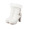 Winter Ankle Boots Women's with Warm Rabbit Fur Comfy Round Toe Chunky High Heels Shoes Soft PU Belt Footwear