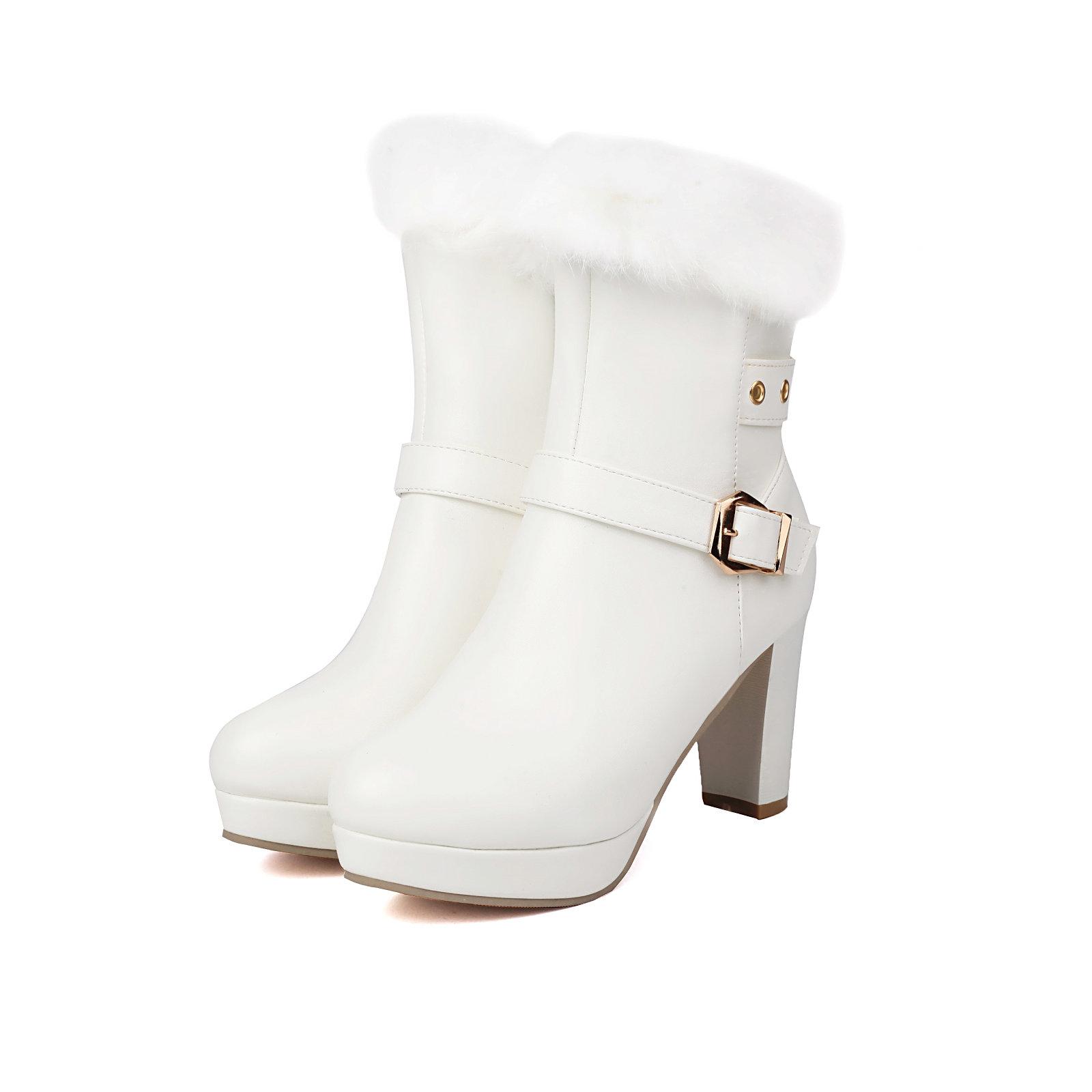 

Winter Ankle Boots Women s with Warm Rabbit Fur Comfy Round Toe Chunky High Heels Shoes Soft PU Belt Footwear 47 белый