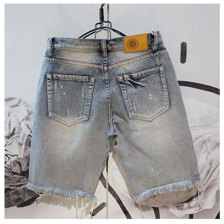 Summer Retro Man Denim Shorts with Text Ripped Embroidery Short Jeans Pants for Men