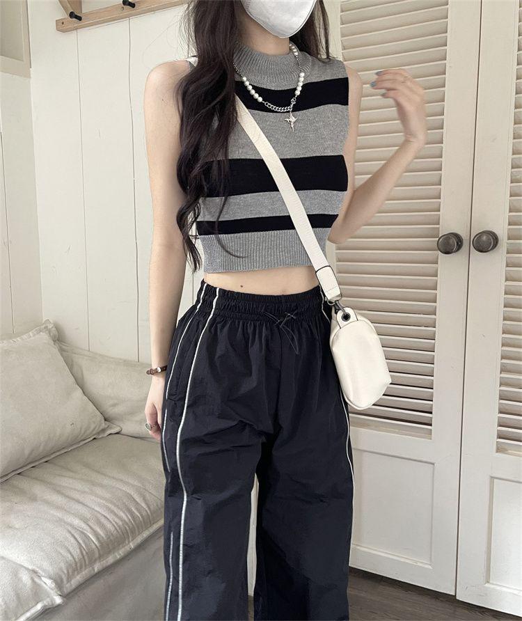 Women's Knitted Color Block Striped Sleeveless Crop Top - High Waist Summer Tank