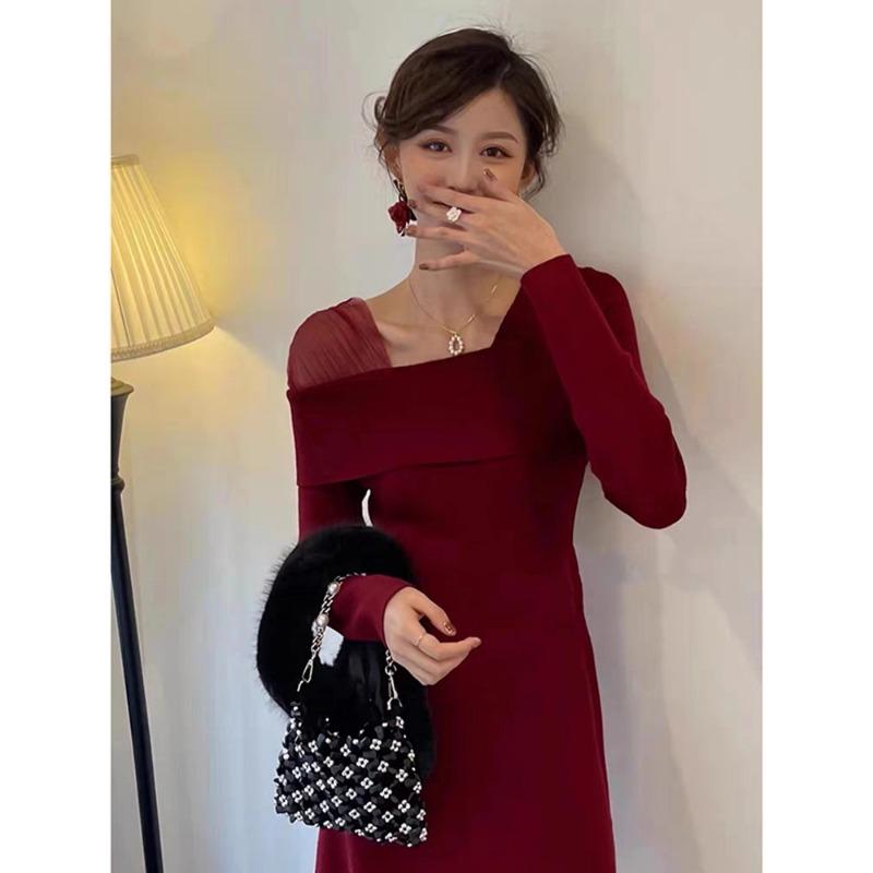 

Осень и зима высококлассная маленькая одежда для тостов жениха свадебная одежда для возвращения повседневная одежда вязаное красное платье для помолвки женское S красный