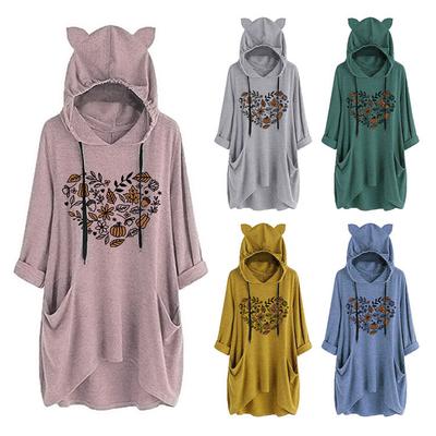 Damen-Kapuzenpullover für Herbst und Winter, niedliche Katzenohren, Kürbisblatt, Blume, Herzmuster, langärmelig, für Damen