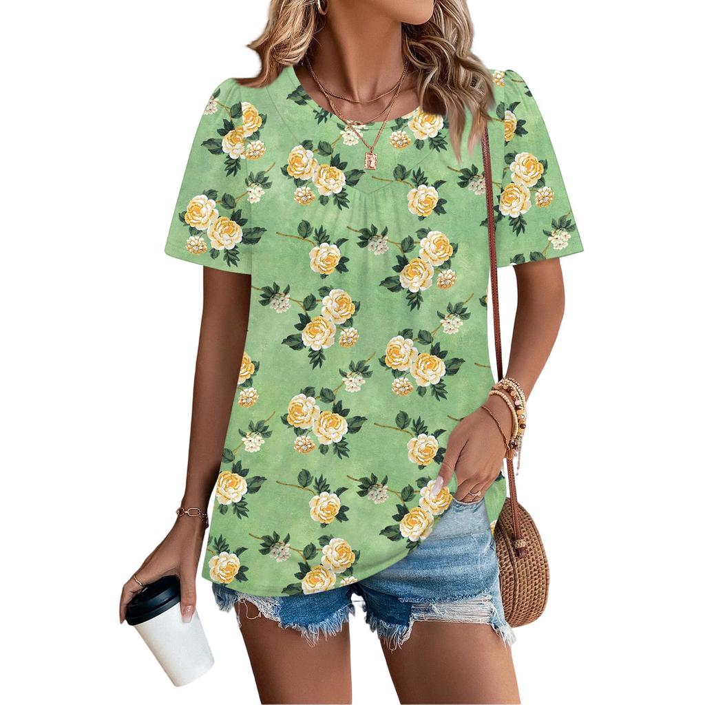 Women's Casual Fashion Round Neck Floral Printed Pleated Short Sleeve T-shirt Top