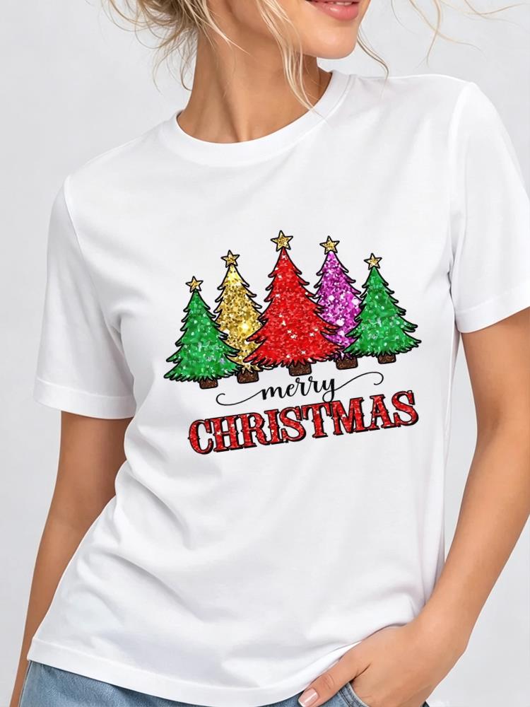(Asian Size) Lovely Tree Style Christmas New Year Clothing T Shirt Women Fashion Festival Tee Top Print Female Woman Short Sleeve Graphic T-shirts