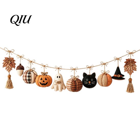 Decoraciones reutilizables para fiestas de Halloween, Guirnalda de Banderines Vintage de 61 Pulgadas, Calabaza de Tela Rellena Rústica, Fantasma, Borla Decorativa Negra Colgante para