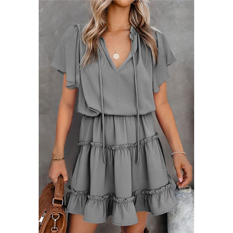 

American Shiying Thin Breathable Pleating High Waist Short dress Women 2025 Summer New Solid V-neck Dress Gray L(Large size 1 (62.50 kg-70.00 kg)