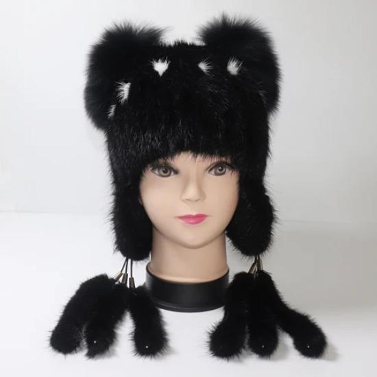 

Шапки для защиты ушей для женщин, зимняя шапка из натурального меха норки, женская вязаная шапка из натурального меха норки, хорошее качество, теплые меховые шапки Good elastic чёрный