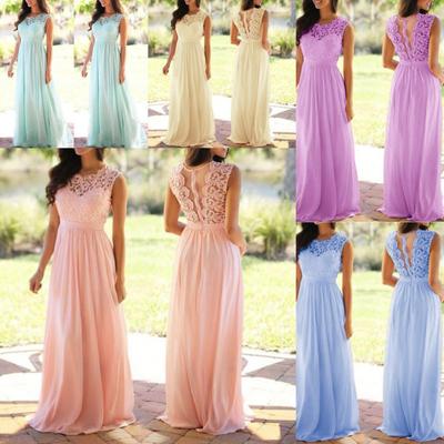 Women's Round Neck Sleeveless Maxi Dress Empire Waist Elegant Lace Chiffon Bridesmaid Formal Gown