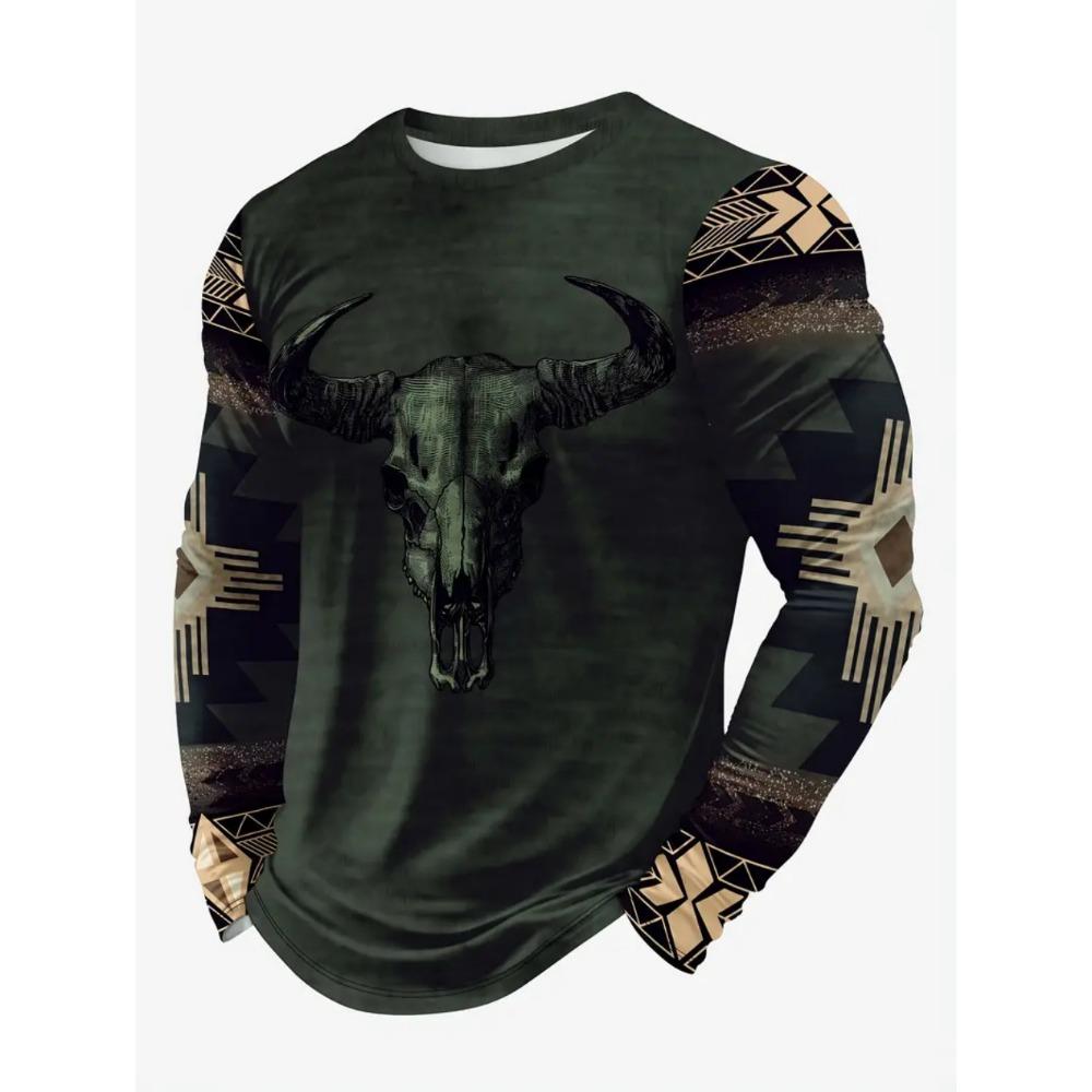 Vintage T-Shirt Animal Print Long Sleeve Tee Hunting Round Neck Shirt Fashion Spring Autumn Pullover Top Casual T Shirts for Man