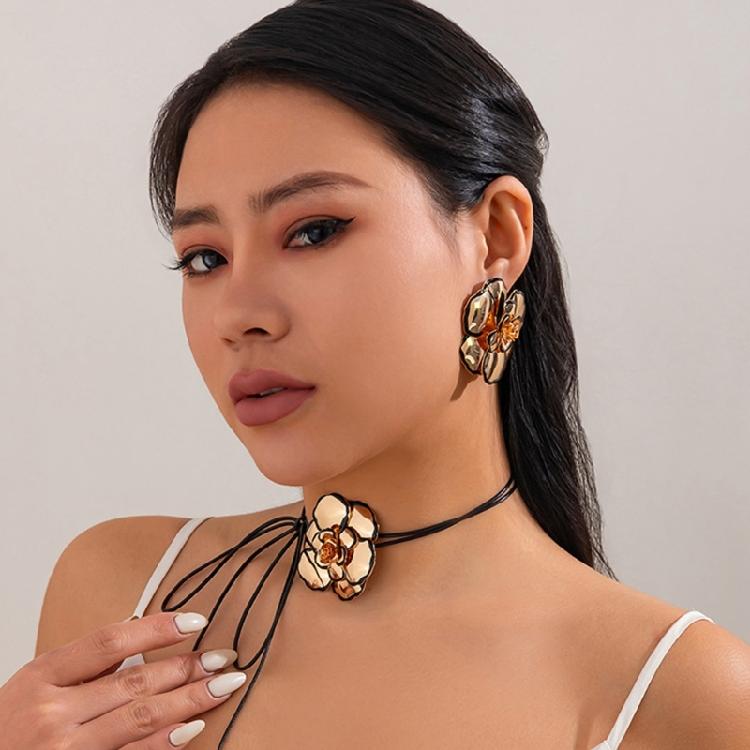 Metal Drops Oil Oversized Flower Studs Earrings/Necklace Exaggerated 3D Dimensional Floral Accessories Jewelry