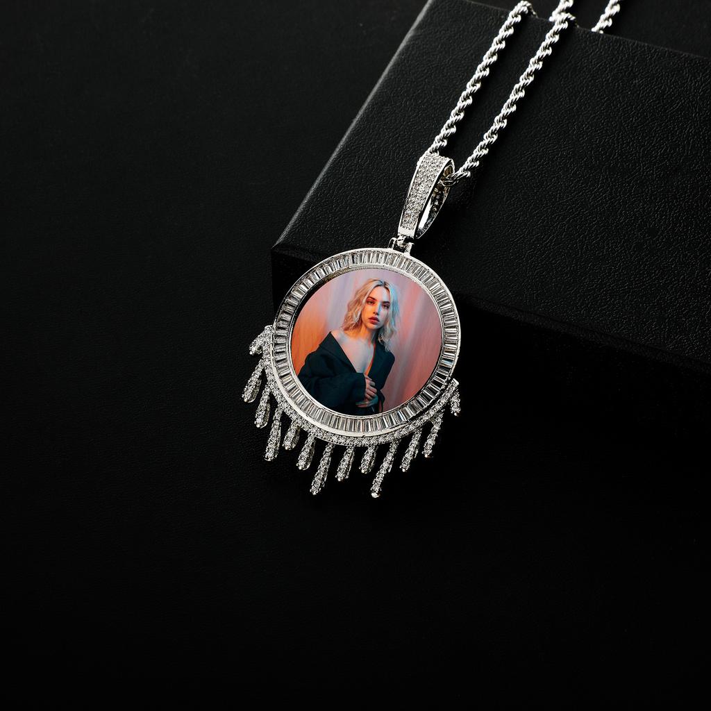 Top Icy DIY Customized Water Drop Style Iced Out Cubic Zircon Silver Gold Jewelry Circle Photo Necklace Private Photo Pendant