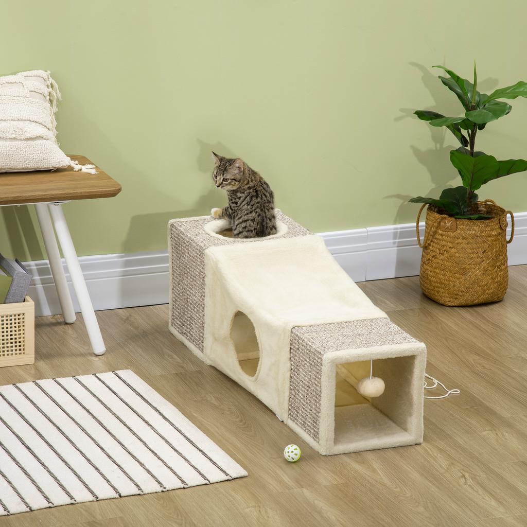 Cat Tunnel, Plush Large Play Tunnel with Two Caves and Hanging Ball, Cream White