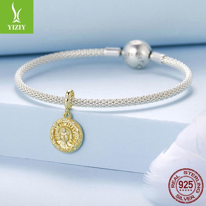 S925 Sterling Silver Plated Gold Sun Muse Pendant Accessories Brave Free Round Diy Beads