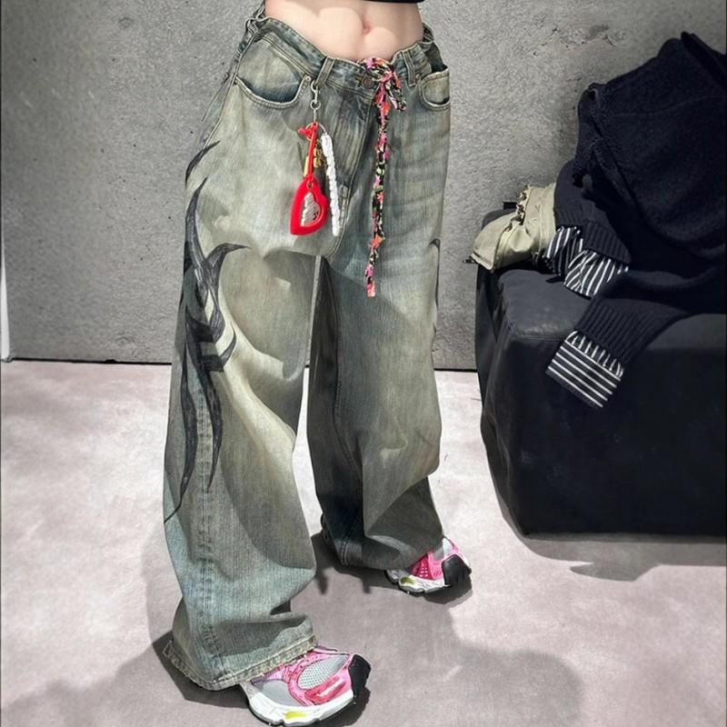Vintage Print Wide Leg Denim Pants High Waist Loose Fit Streetwear Unisex Long Trousers