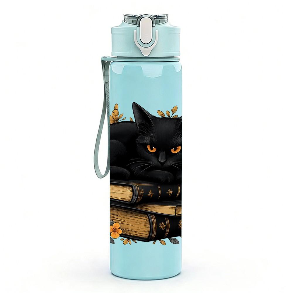 1PC Black Cat Stacked Books Graphic 750ml Color Plastic Sports Water Bottle Leakproof Flip Straw Lid Suitable for Sports Office Home Use