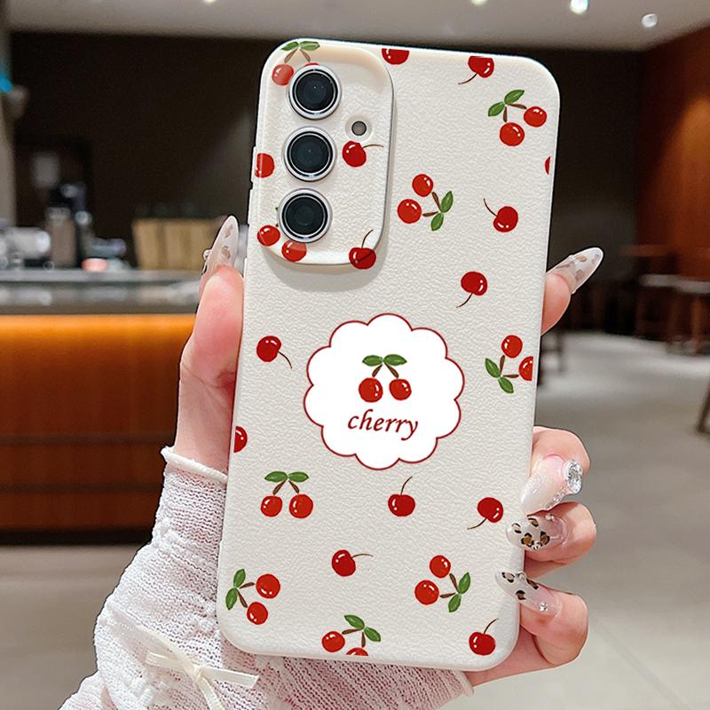 Cute Cherry Print Matte TPU Leather Texture Phone Case For Samsung S25 Ultra S24 FE S23 S22 S21 A56 A36 A16 A55 A35 A26 A15 Shockproof Soft Slim Cover