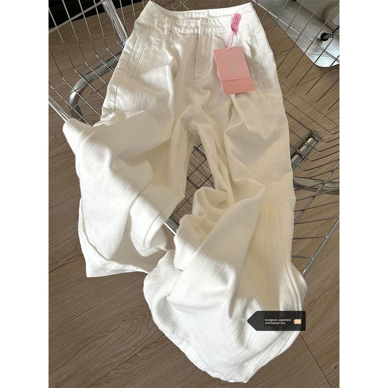 

Белые джинсы большого размера свободного кроя с плиссированной текстурой, прямого кроя, женские, осенние, новинка, маленькие, стройнящие, ниспадающие брюки широкого кроя White [quality version]] 3XL