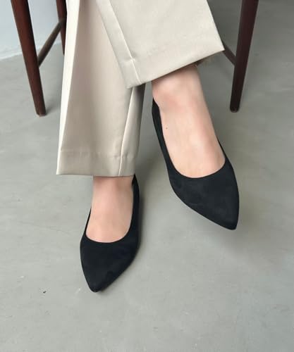 Jumpable Pumps, Flats, Easy To Wear, Suede, Pointed Toe, Cushioned, Low Heel, Black, Perfect for Commuting, Ceremonies, R-3218
