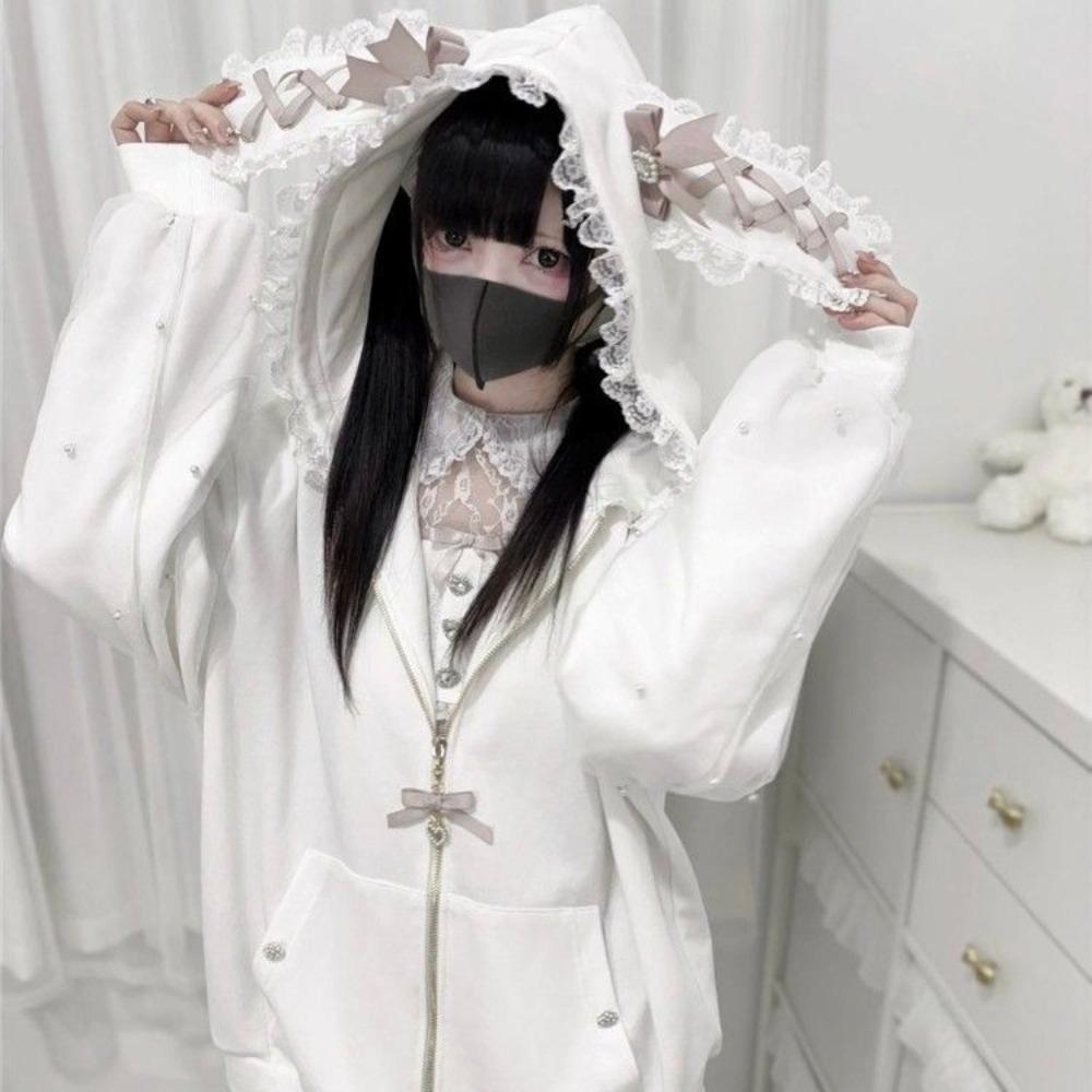 

Lolita JK Strapped Rabbit Ear Hoodie Long Sleeve Rabbit Ear Hoodie Loose Lace Bow Coats Female M білий