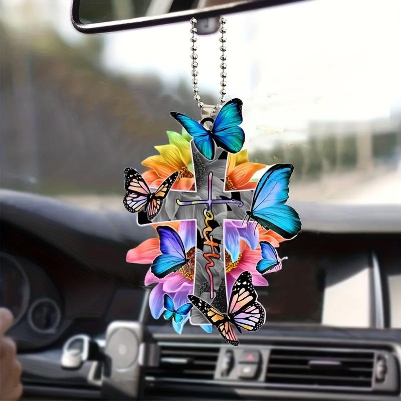 Cross Car Pendant Car InteriorDecorations Christian Religion Blue Butterfly Hanging Ornament Keychain Car Interior Accessories