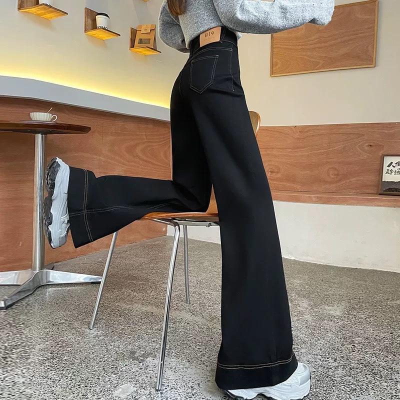 Black narrow wide-leg jeans for women, fleece-lined autumn/winter, new high-waisted stretch straight-leg pants