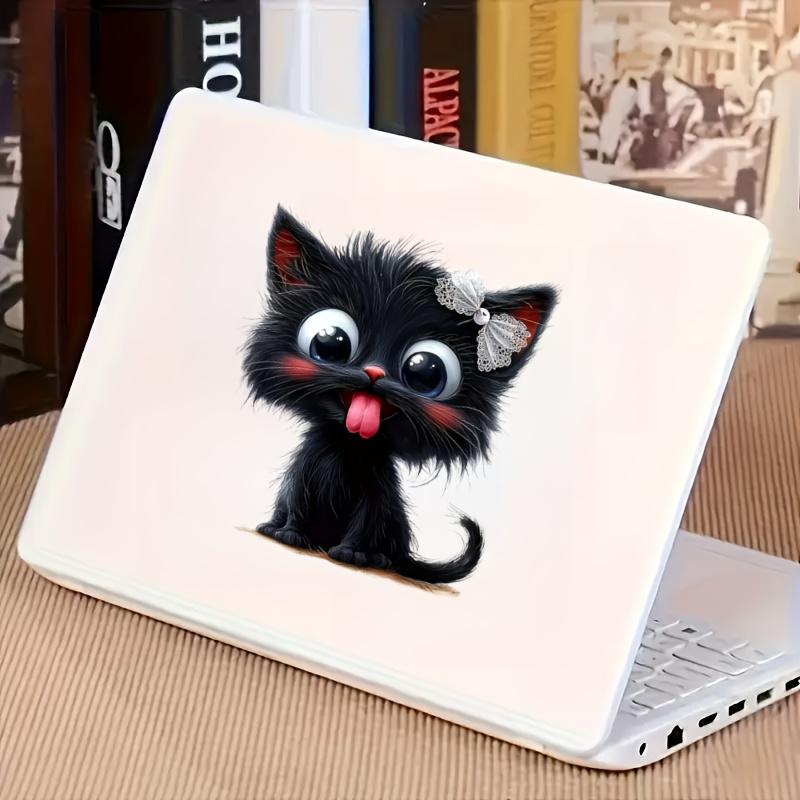 Adorable Cartoon Black Cat Vinyl Sticker - Cute Fluffy Kitten with Pink Ears & White Whiskers, Perfect for Decorating Personal Items or Gifting