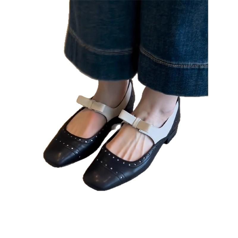 Leather French Low Heel Square Head Bow Light Mouth Single Shoes Femininity Versatile Commuter Soft Sole Ballet Mary Jane Shoes