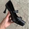 2025 New Black 7cm High Heels Sandals Metal Buckle Rivets Ballet Shoes Spicy Girl Square Toe Shoes PU Autumn Women's Shoes 35-39